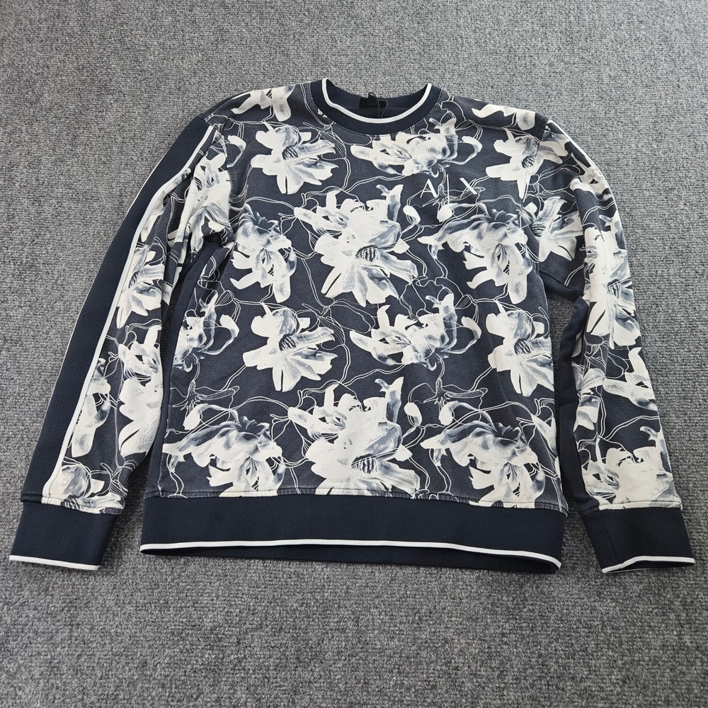 Armani Exchange Sweatshirt Mens M Navy Floral Graphic Crewneck Sporty Streetwear